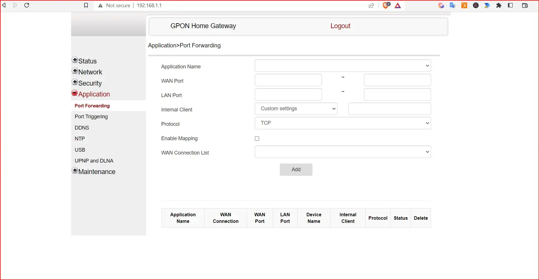 Port Fording option on Routers settings page