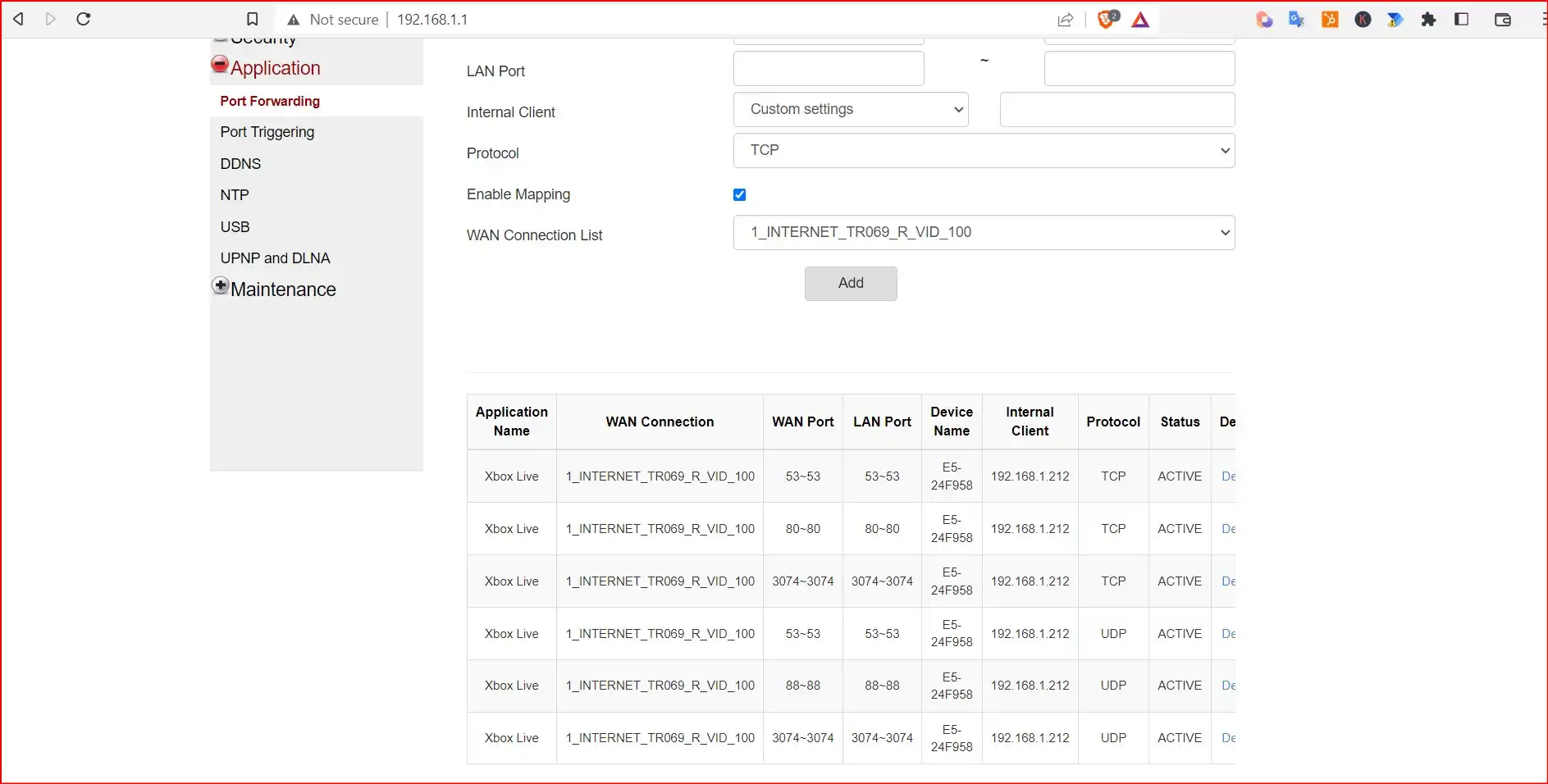 Port Forwarding on Router settings page