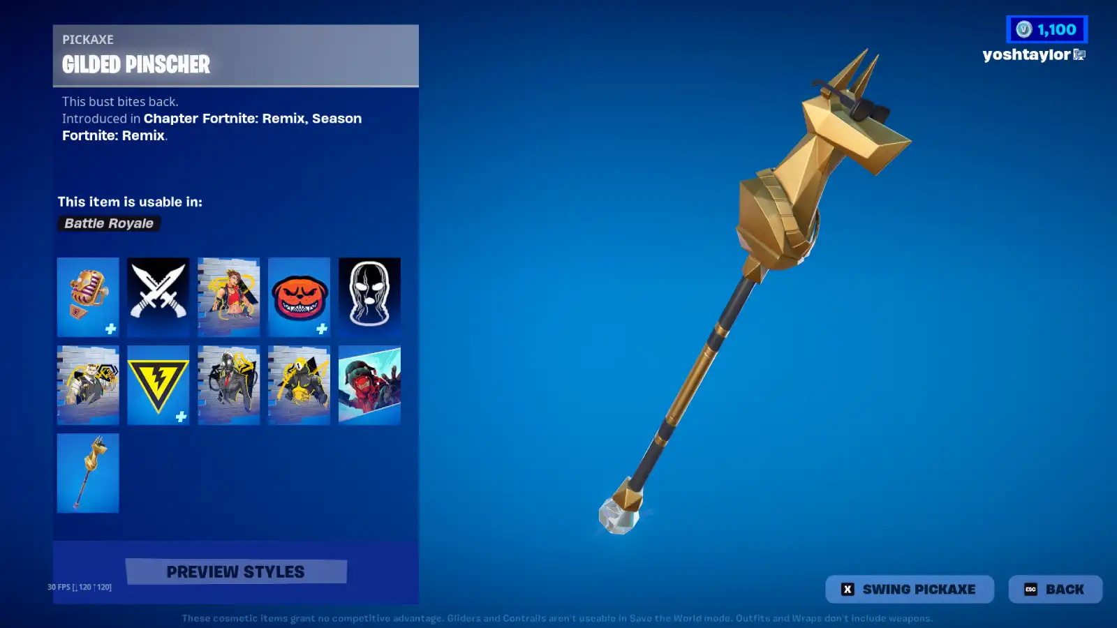 Fortnite Gilded Pinscher Pickaxe reward for completing Ranked Quests.