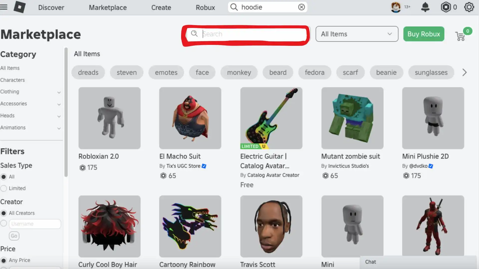 A screenshot of the Roblox homepage with the search bar highlighted.