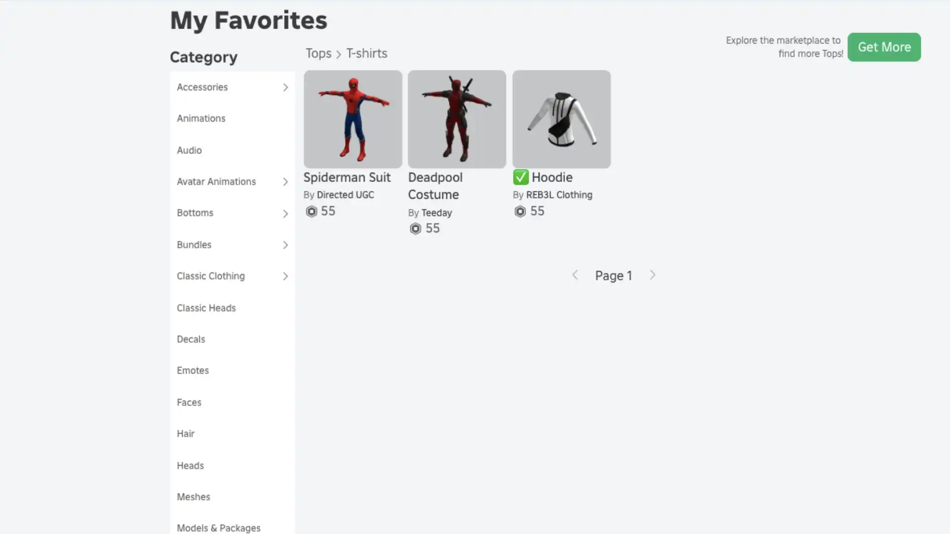 A screenshot of Favorites in Roblox featuring a Deadpool and Spider-Man costume.