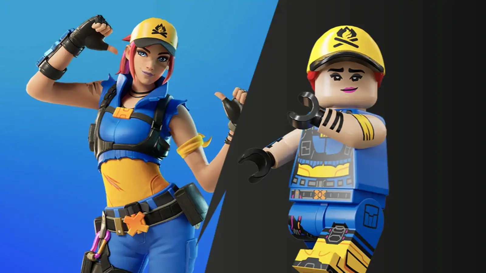 An image of the normal and LEGO Emilie Explorer skins in Fortnite.