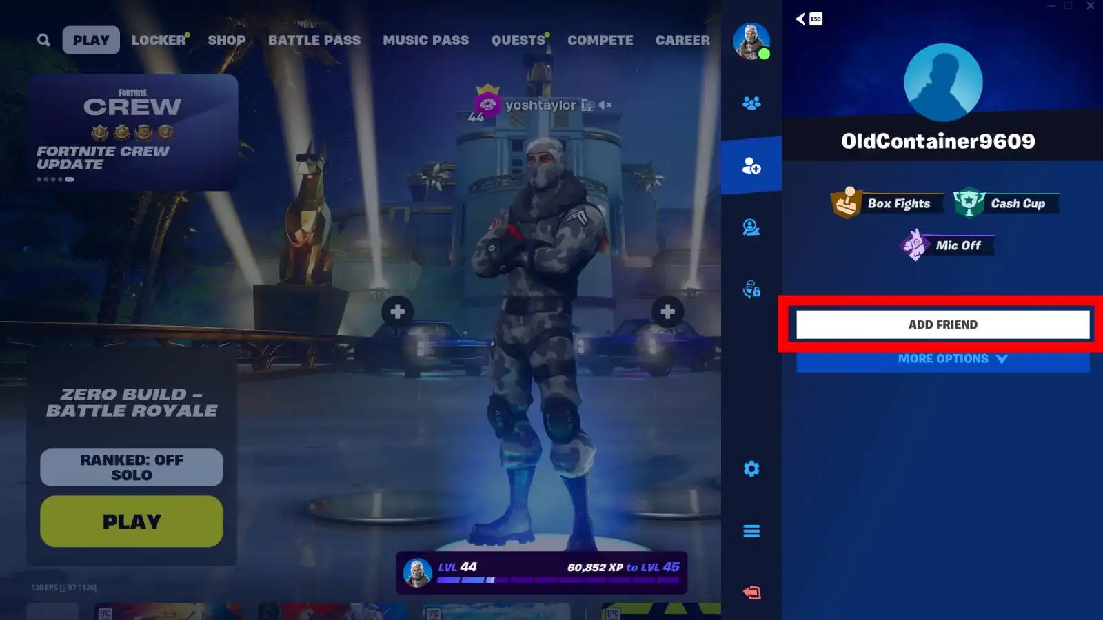 Fortnite screenshot of on a player's profile where you can select the 'Add Friend' button in the Social tab within the Fortnite lobby.