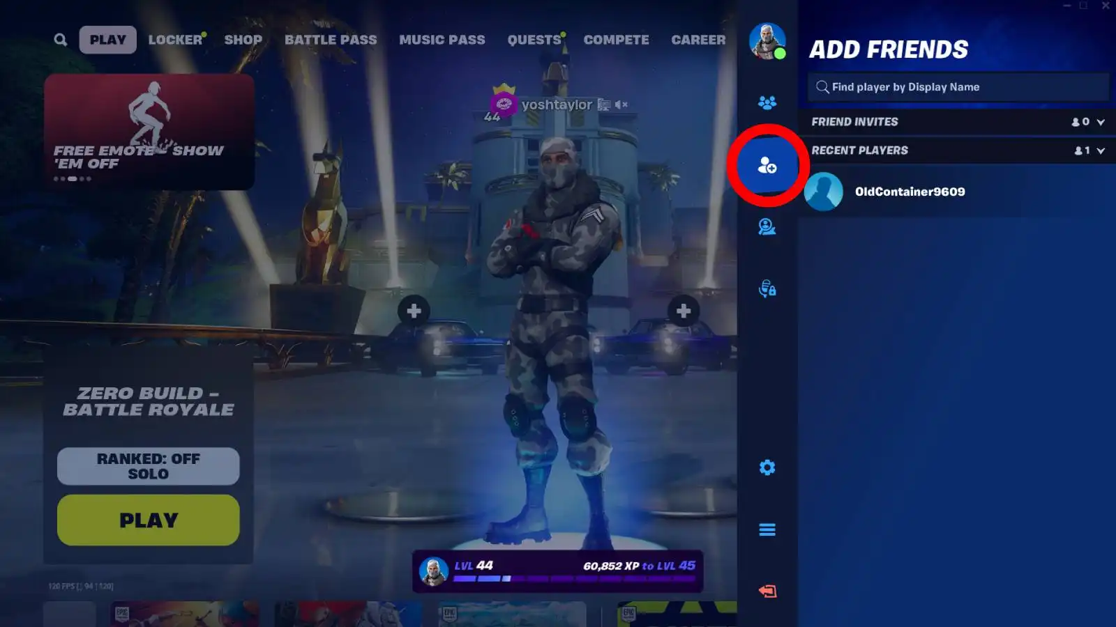 Fortnite screenshot of the Add Friends page in the Social tab within the Fortnite lobby.