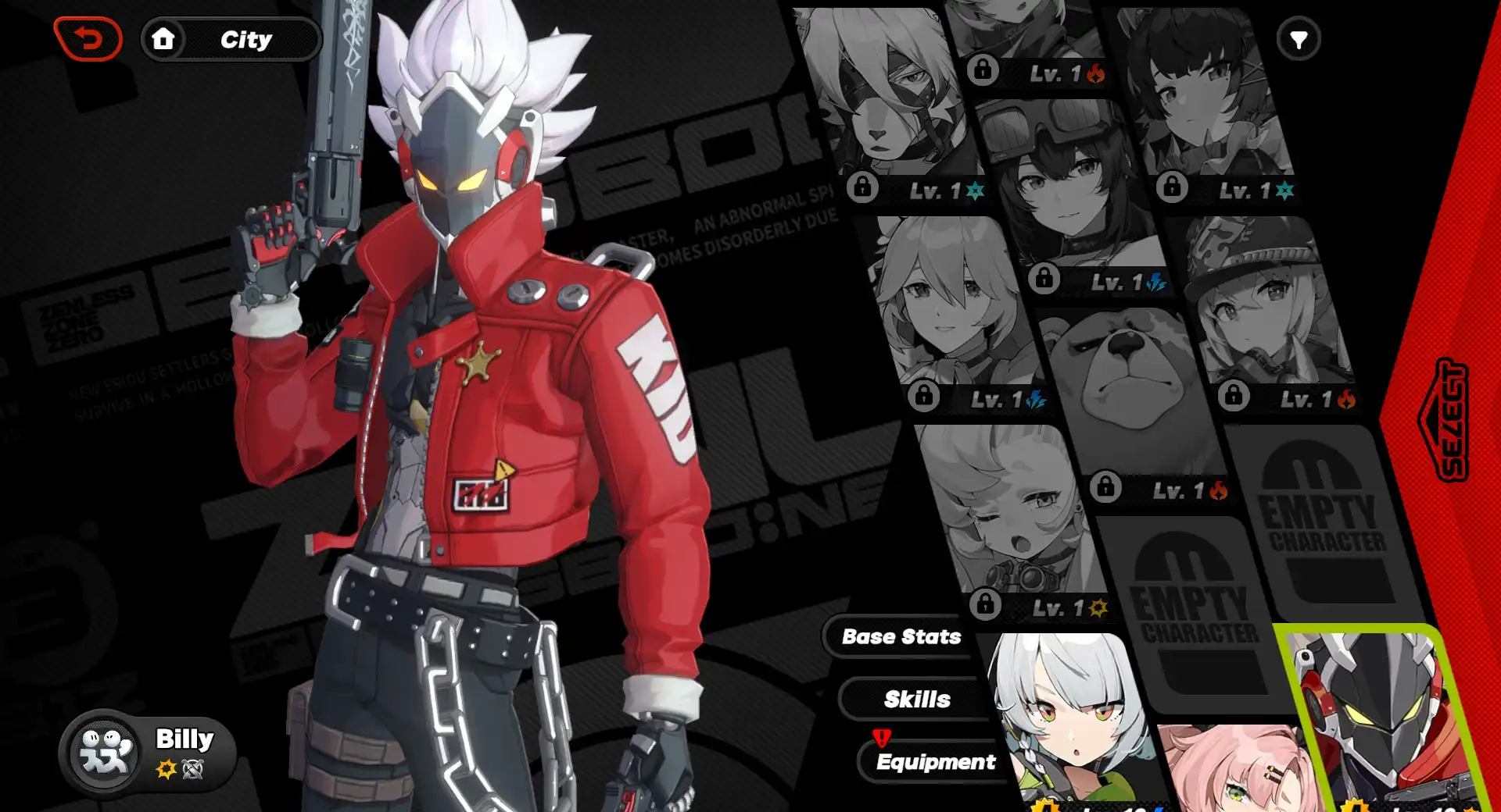 A screenshot of Billy from the character menu