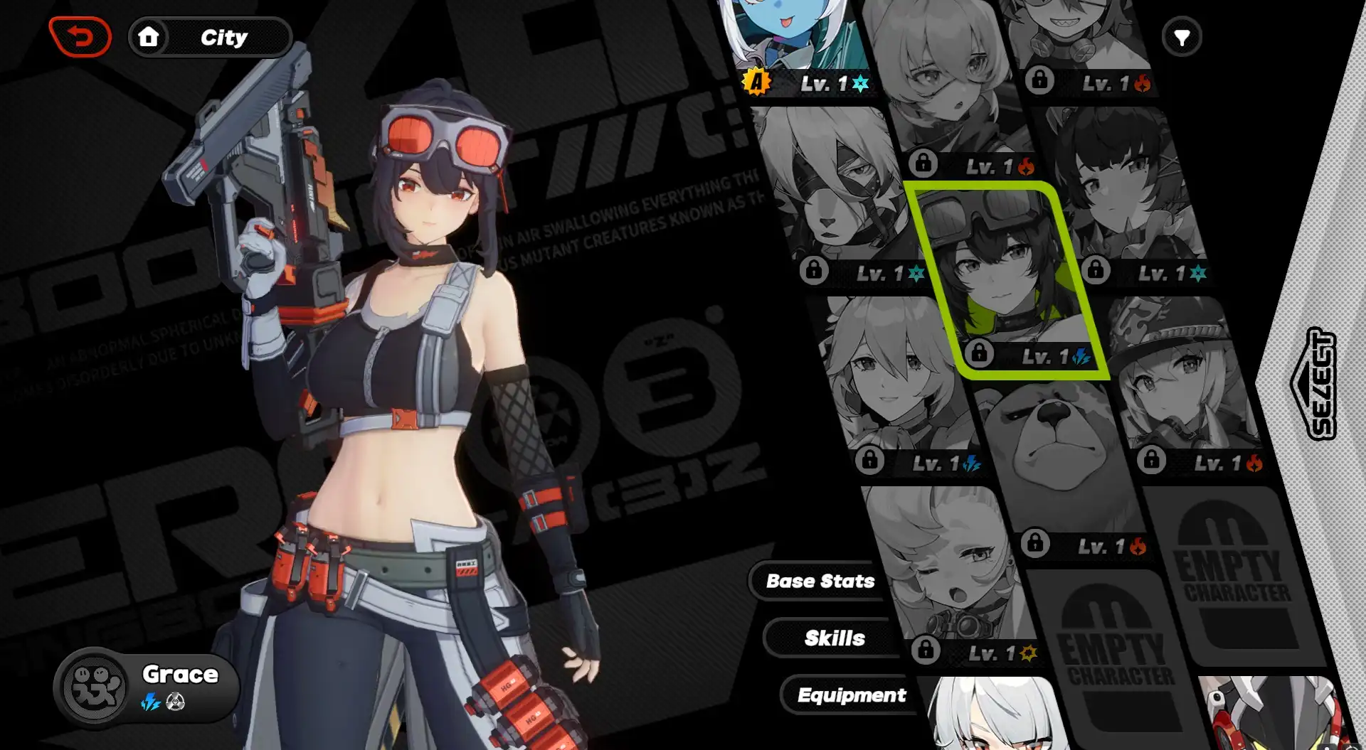 A screenshot of Grace from the character menu