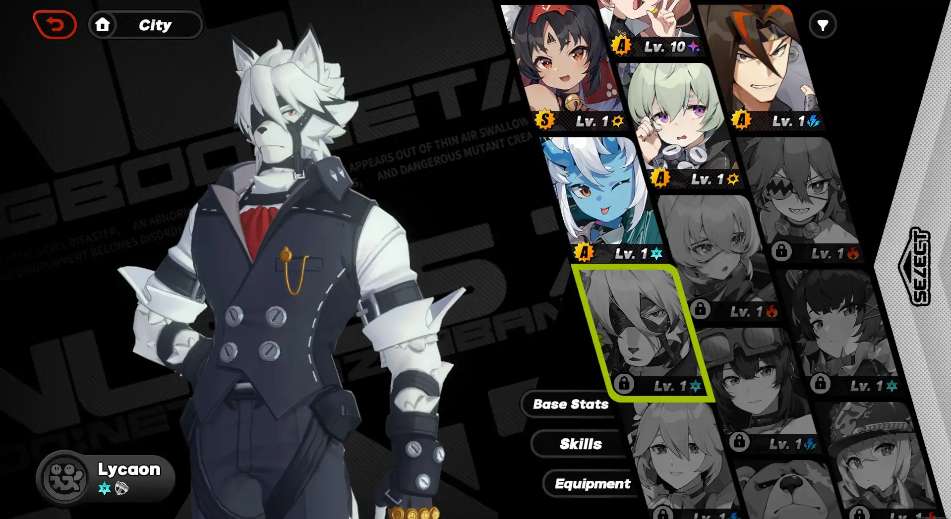 A screenshot of Lycaon from the character menu