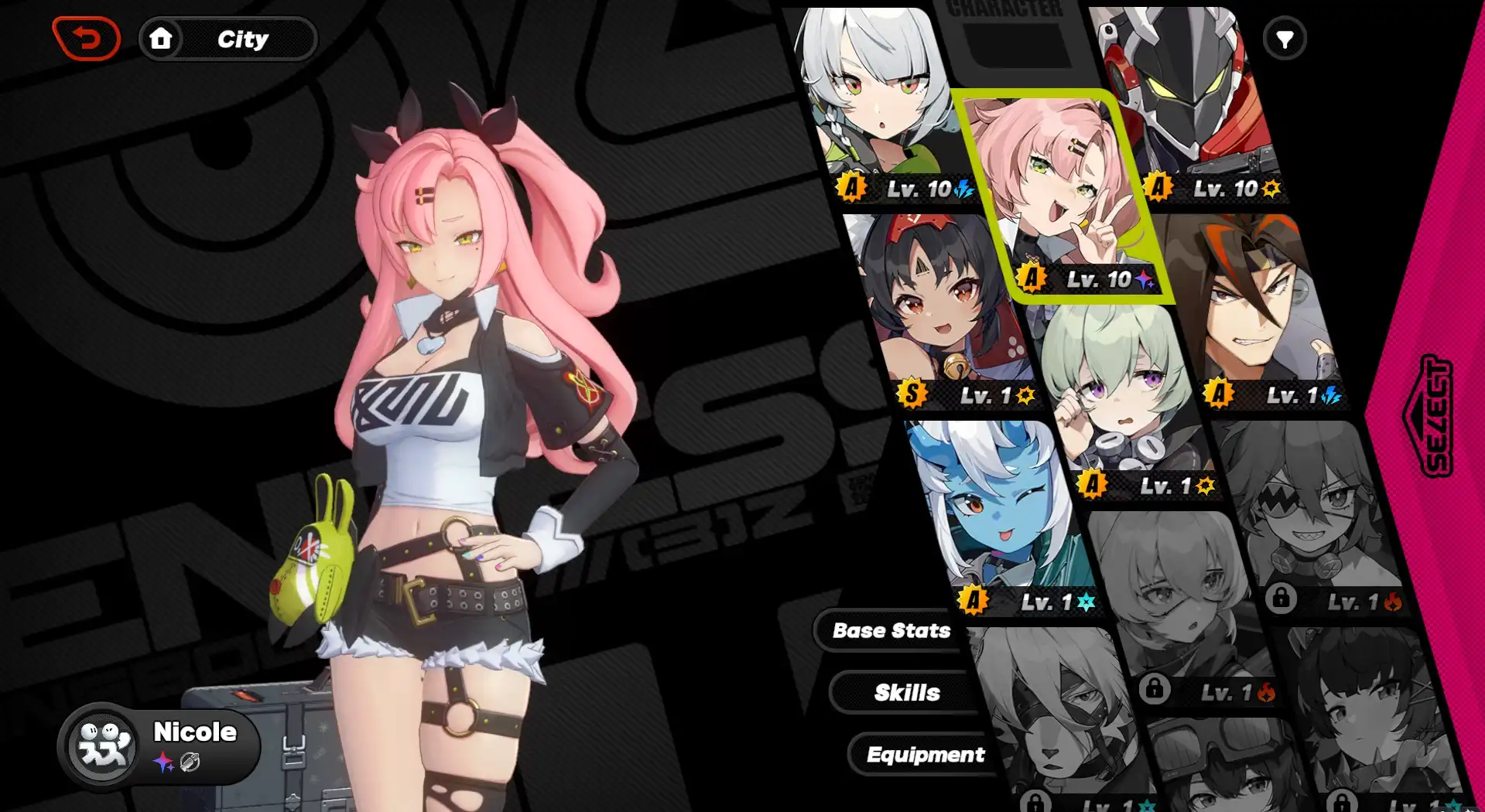 A screenshot of Nicole from the character menu