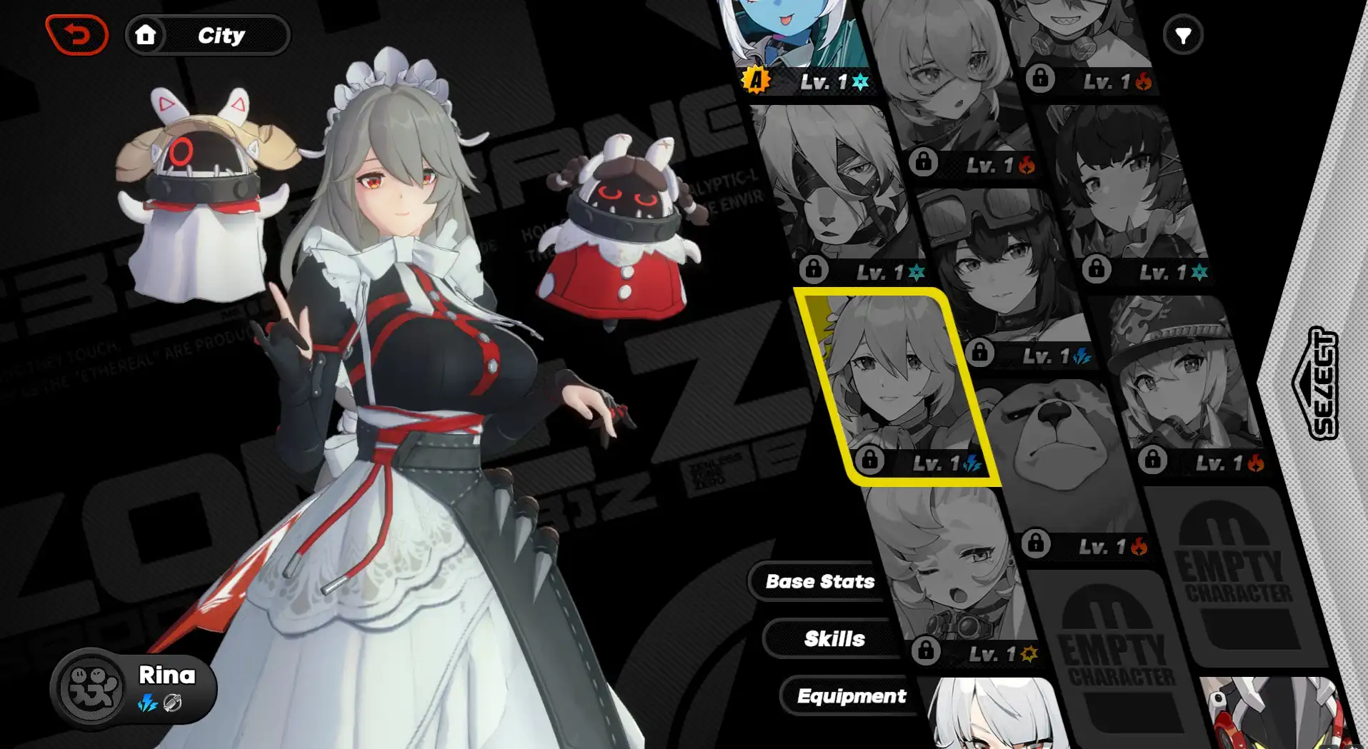 A screenshot of Rina from the character menu