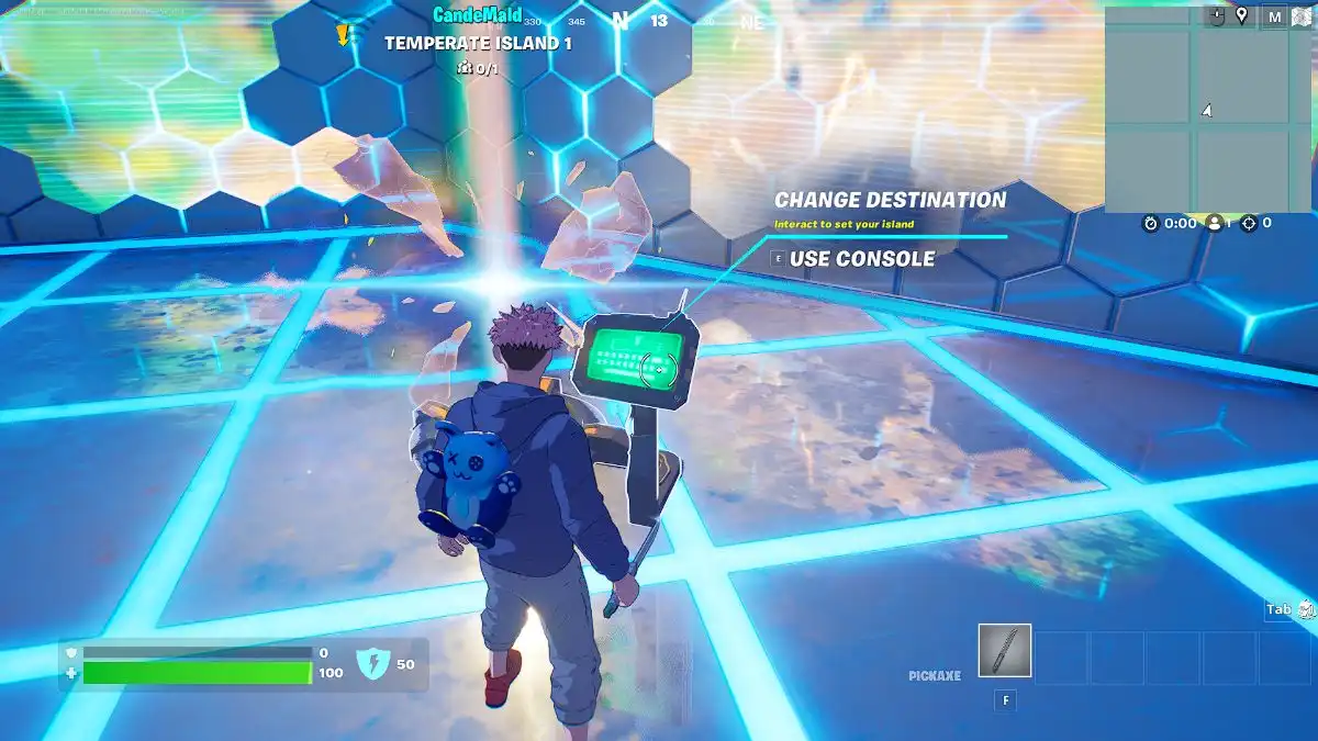 Fortnite character interacting with creative map console