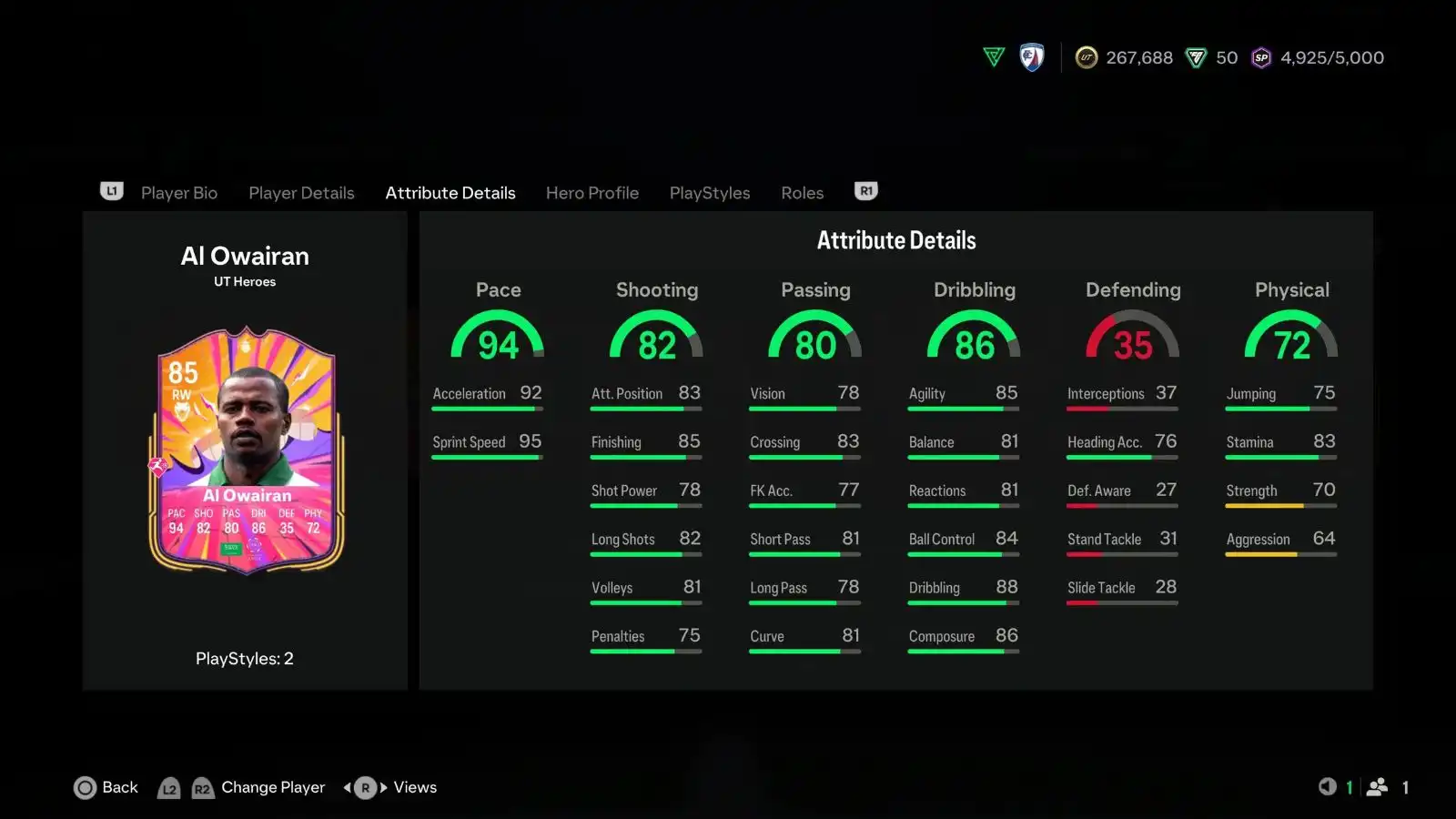 Screenshot of Al Owairan stats in EA FC 25 Ultimate Team