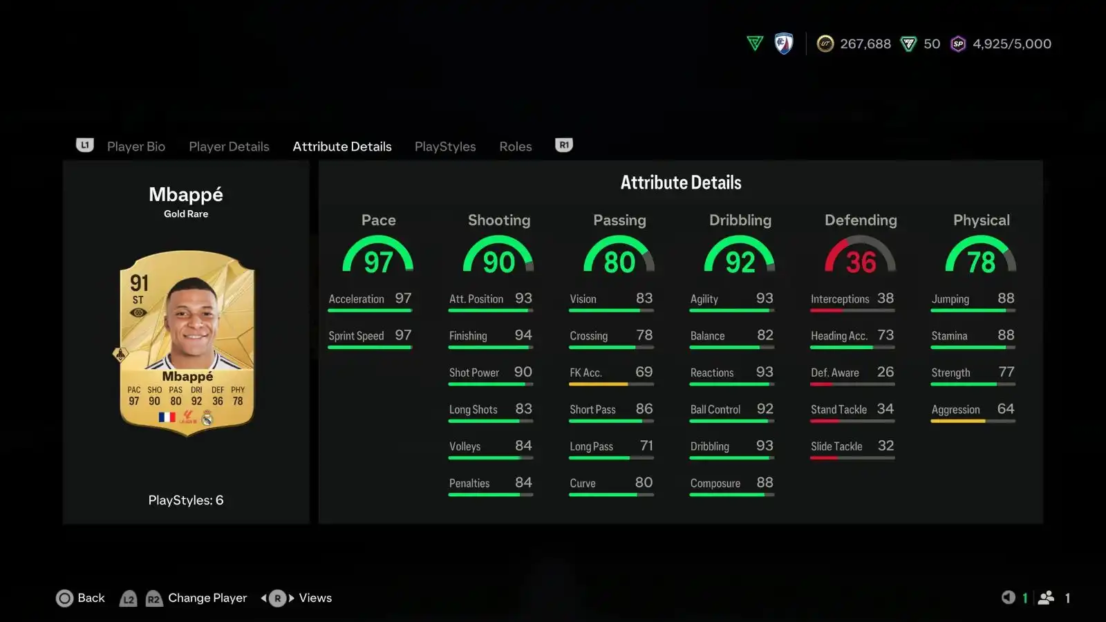 Screenshot of Mbappe stats in EA FC 25 Ultimate Team