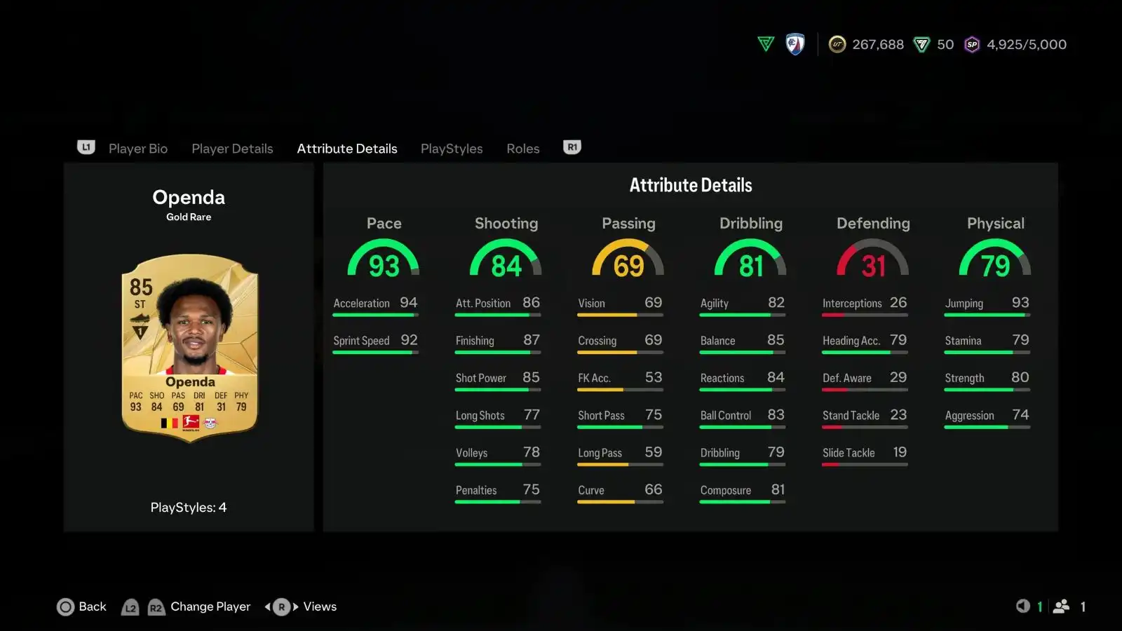 Screenshot of Openda stats in EA FC 25 Ultimate Team