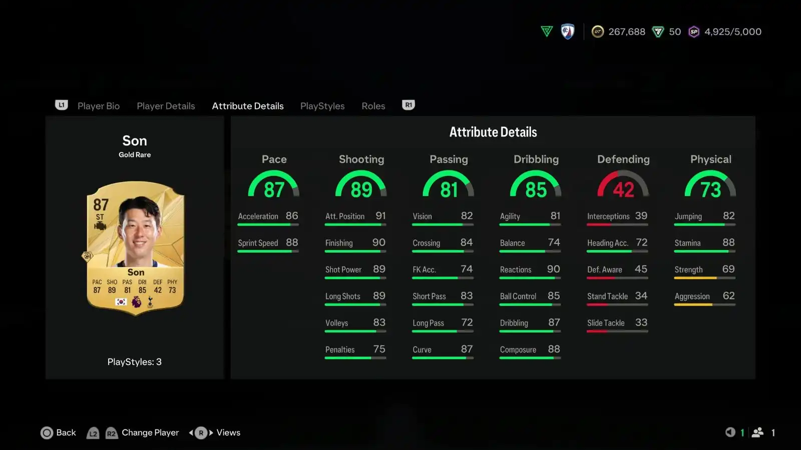 Screenshot of Son stats in EA FC 25 Ultimate Team