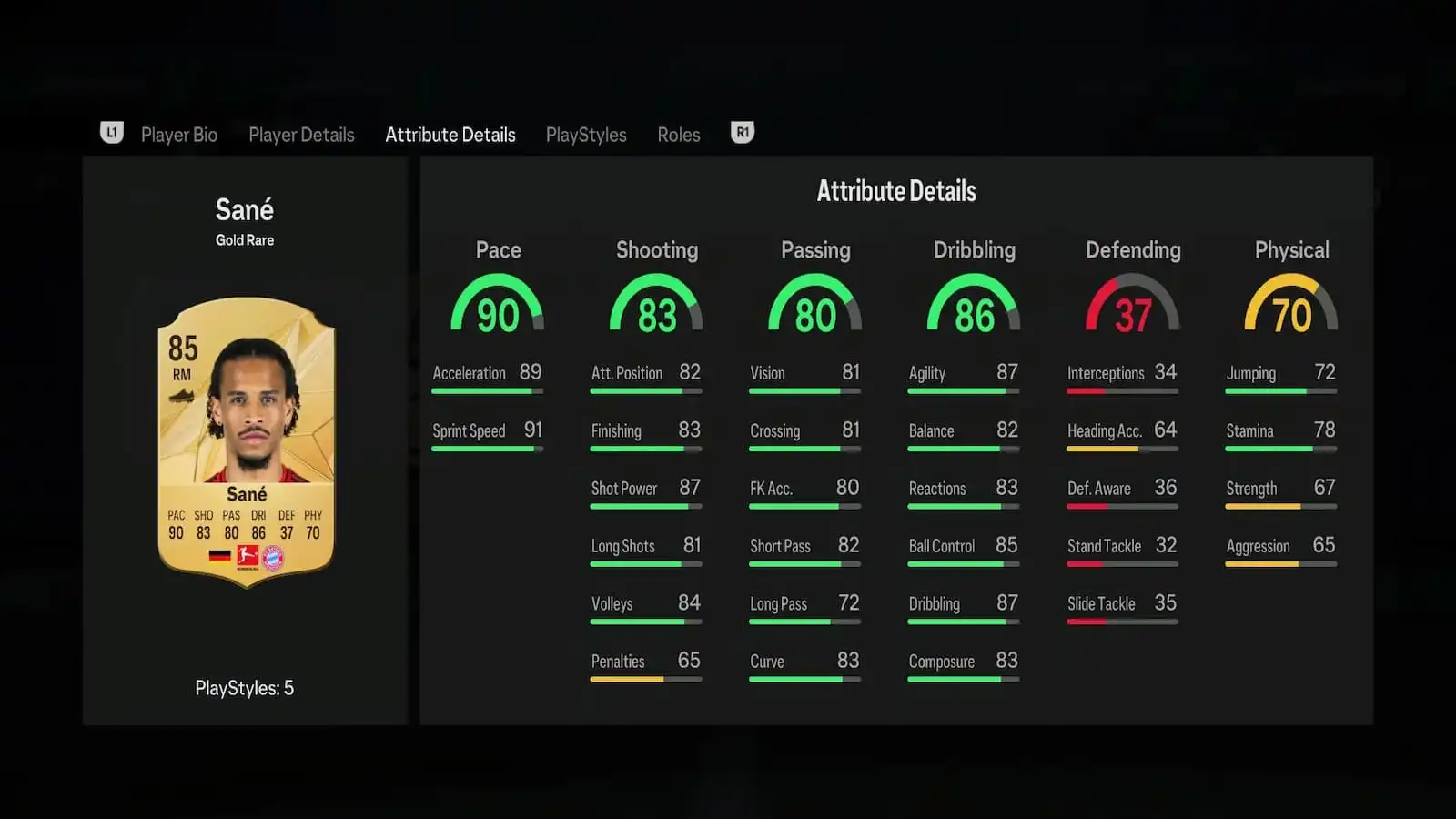 Sane's attributes in EA FC 25