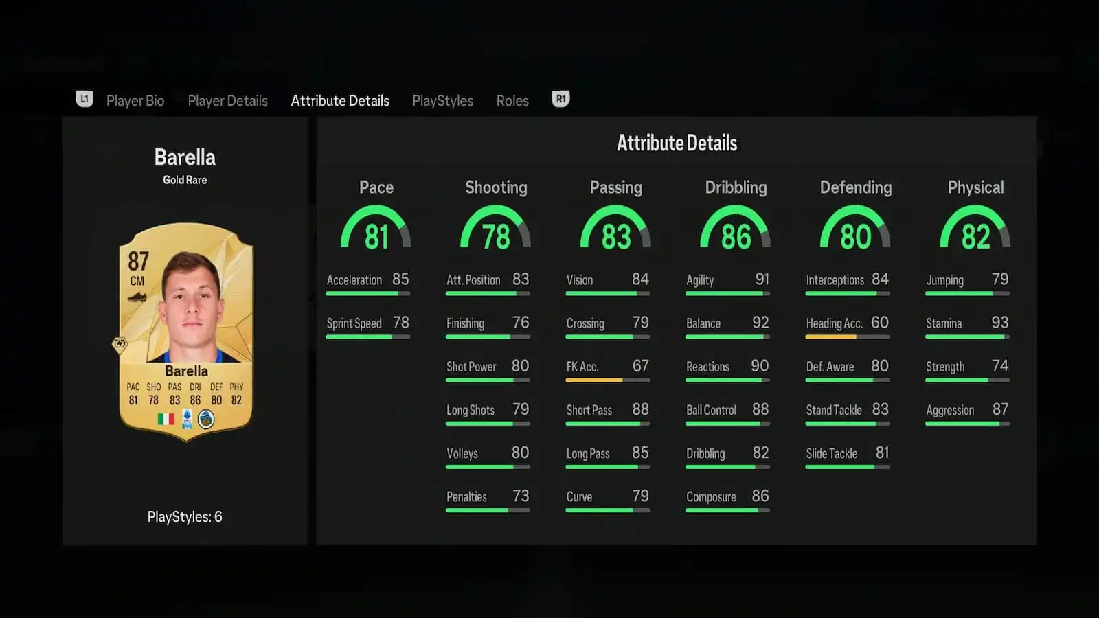 Barella's attributes in EA FC 25