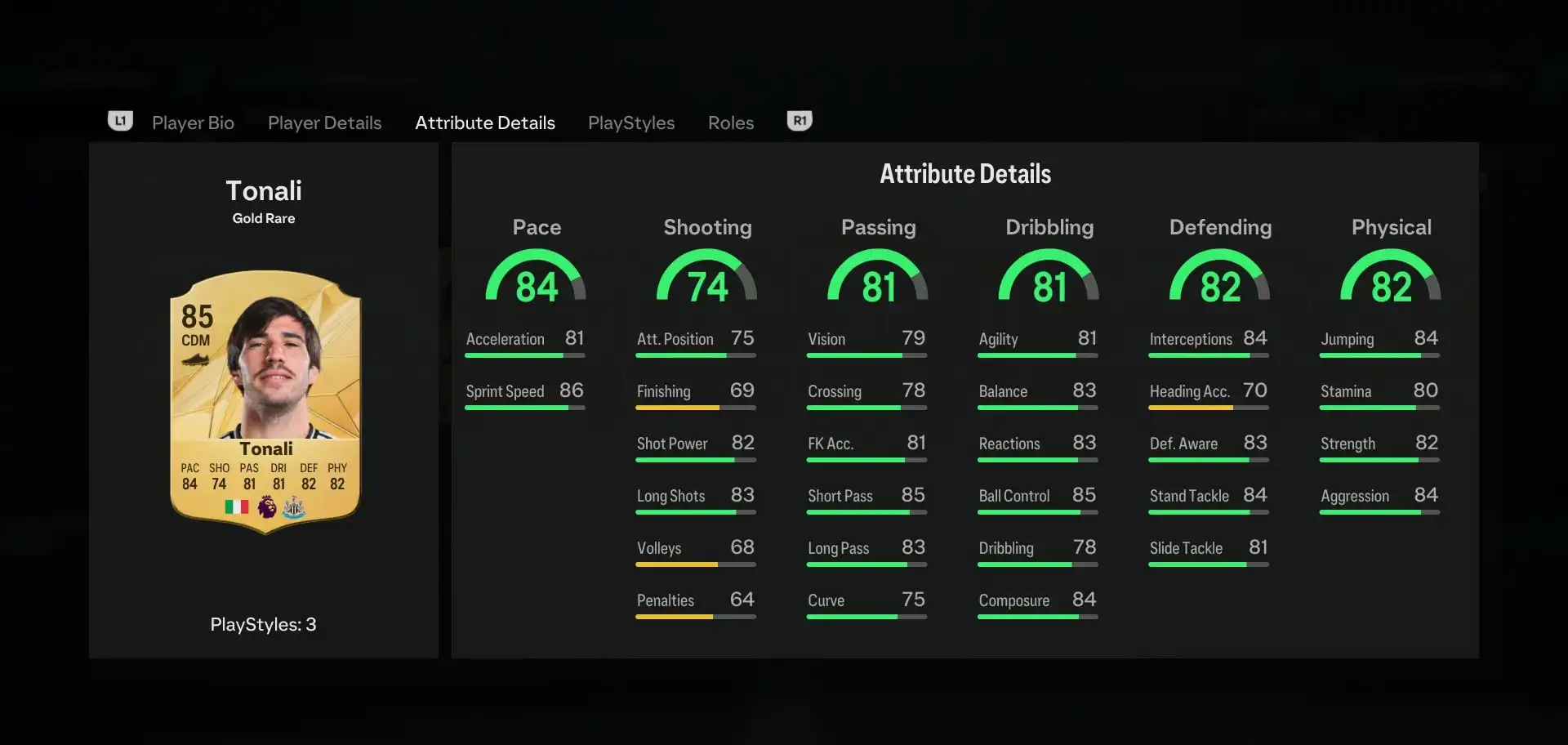 Tonali's attributes in EA FC 25