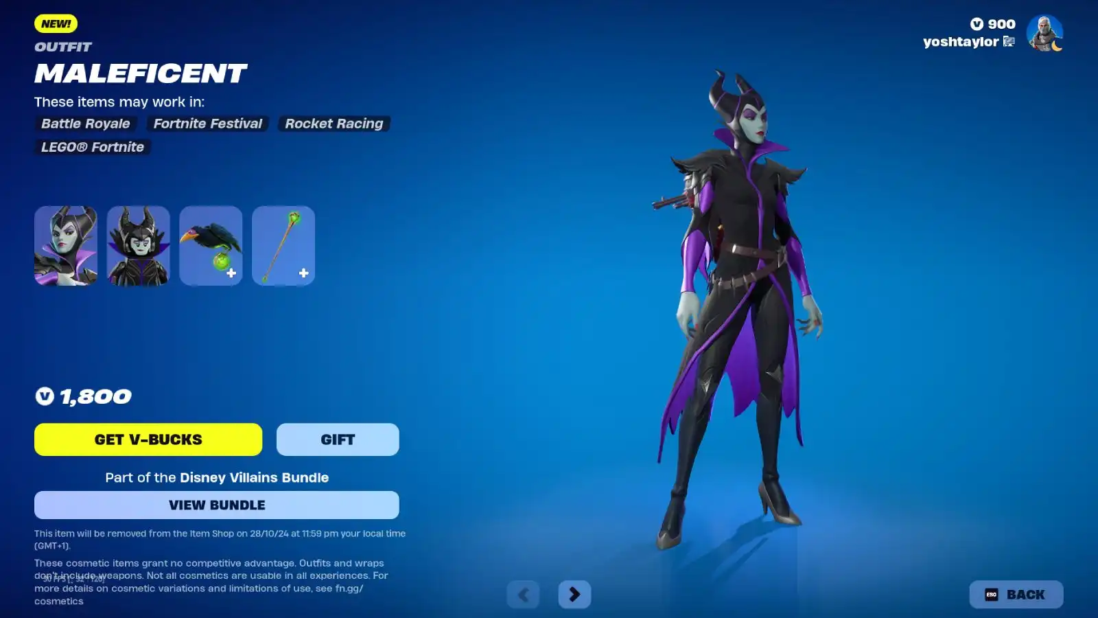 Maleficent skin and items in Fortnite as part of the Disney Villains collection.