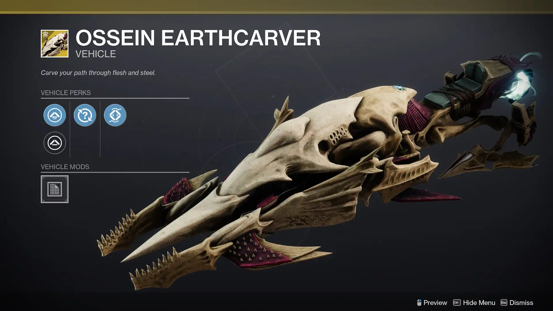 The Ossein Earthcarver sparrow in Destiny 2