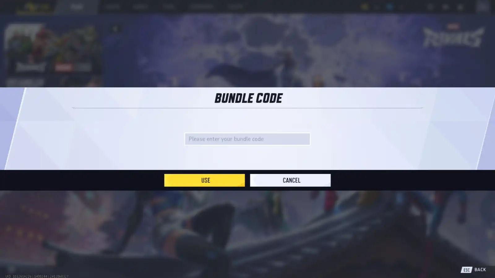 A screenshot featuring the bundle code window in Marvel Rivals.