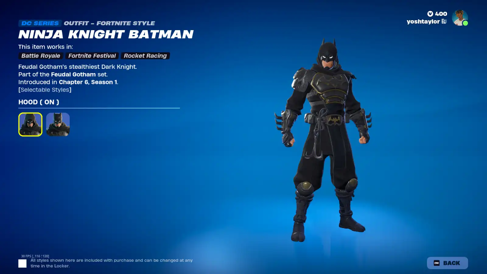 Ninja Knight Batman skin in Fortnite.