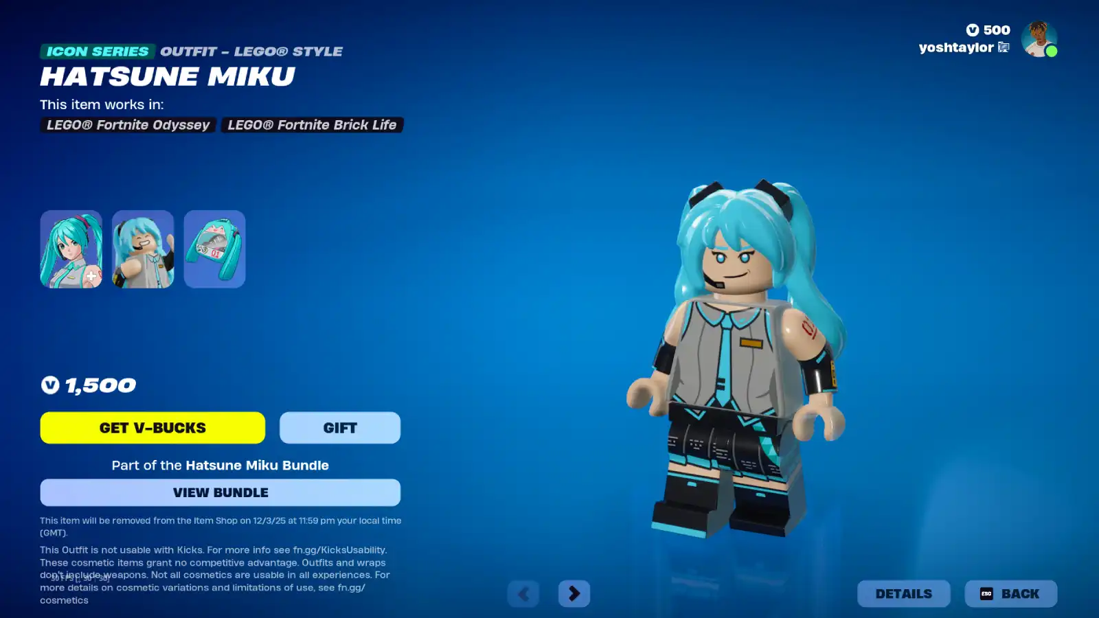 Fortnite screenshot of the Hatsune Miku LEGO skin style in the Item Shop.