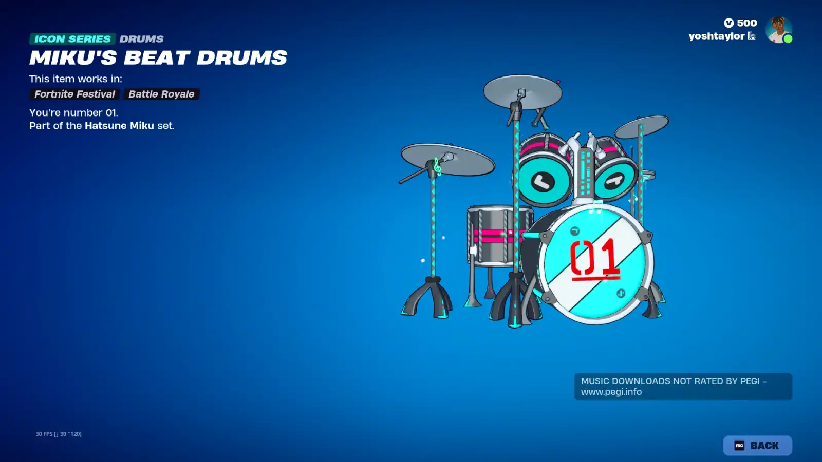 Fortnite screenshot of the Miku's Beat Drums as part of the Hatsune Miku Bundle in the Item Shop.