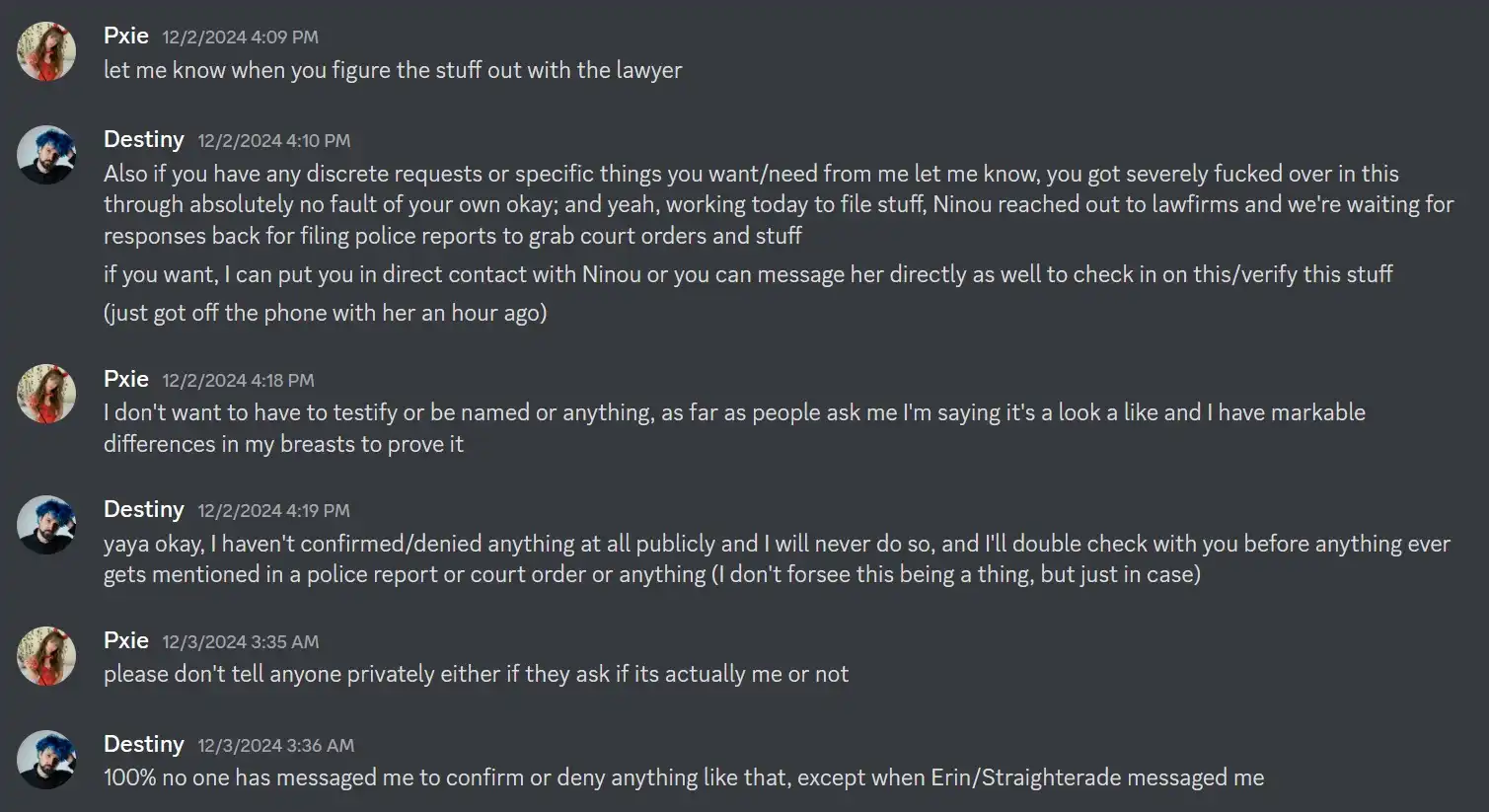 pxie and destiny messages discussing legal action