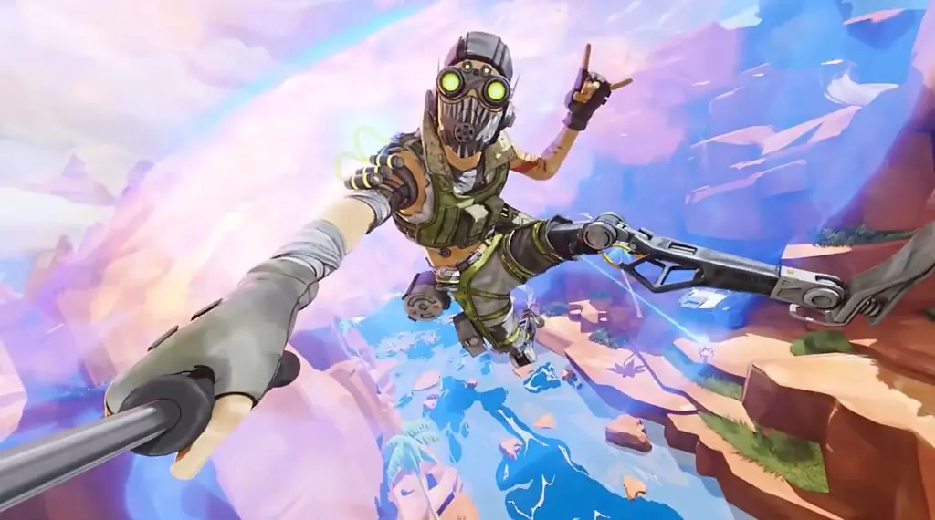 Octane taking a selfie in front of Arc Star explosion in Apex Legends Season 2 trailer