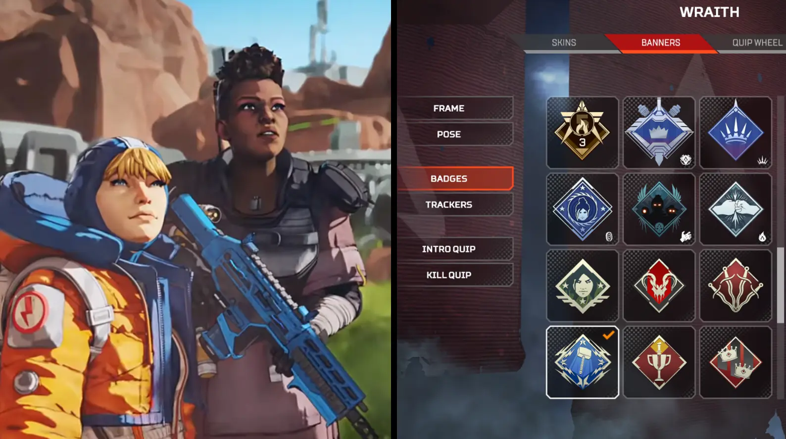 Apex Legends characters looking at various unlockablebadges