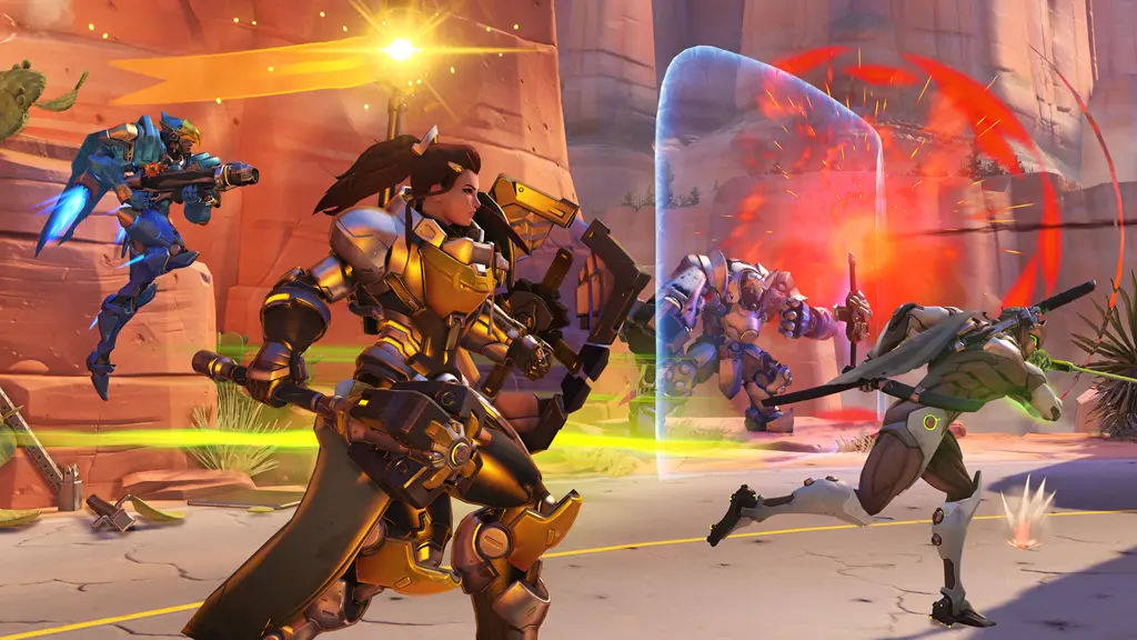 Brigitte, Reinhardt, Genji and Pharah rush into battle on Route 66