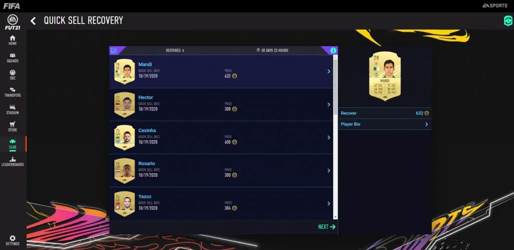 The FIFA 21 'quick sell recovery' feature is only available on the Web or Companion App.
