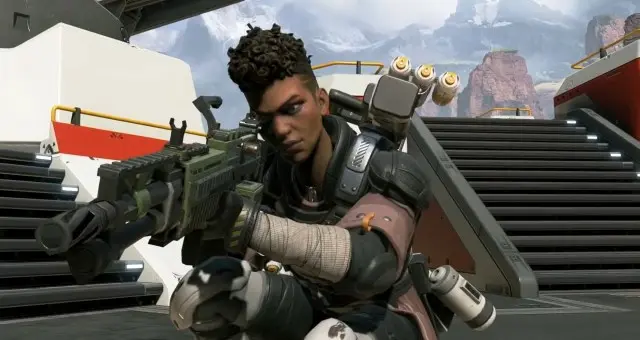 Bangalore aiming down a Devotion in Apex Legends