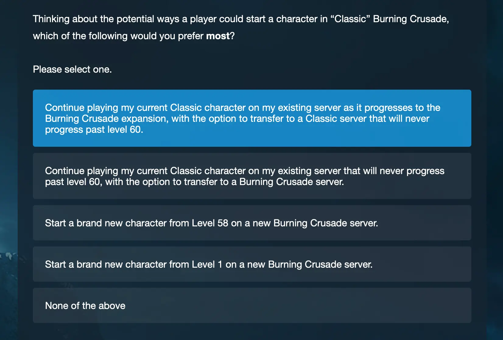 A survey sent out by Blizzard has tipped off WoW players that The Burning Crusade re-release is on the horizon.