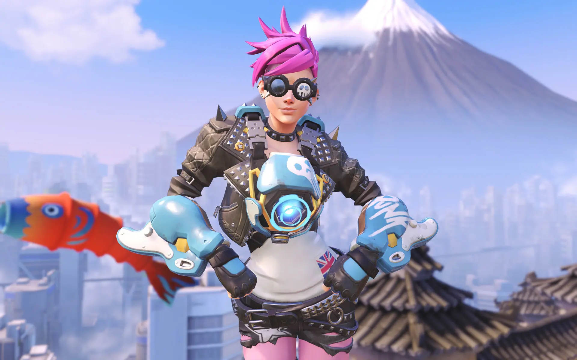 Punk Tracer skin in Overwatch on Hanamura backdrop