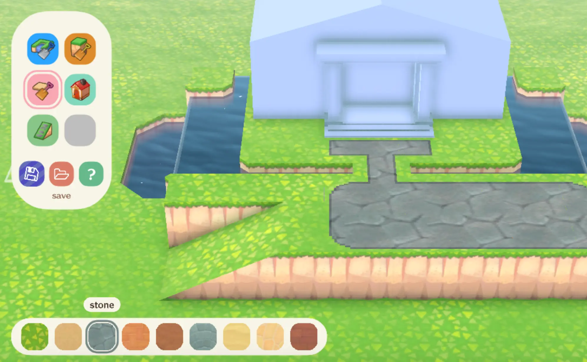 An image of the Animal Crossing Island planner app being used to choose house materials for an Island layout.