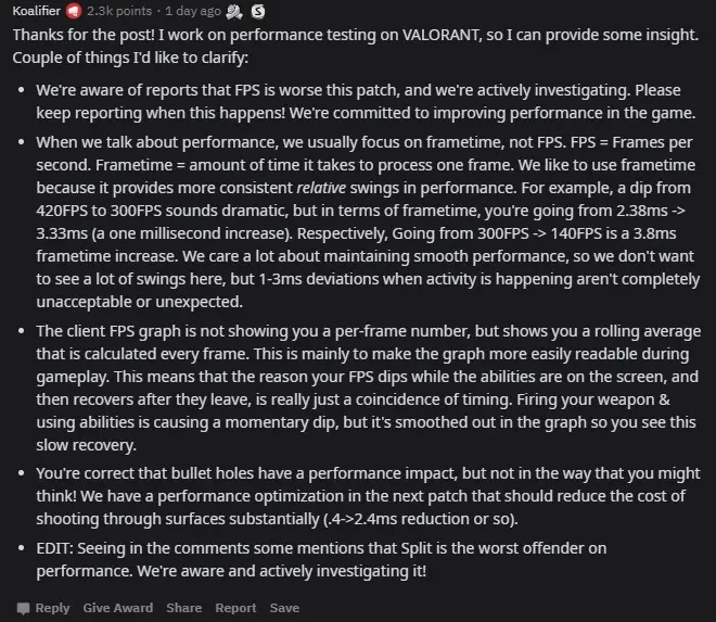 Valorant dev commenting on Reddit.