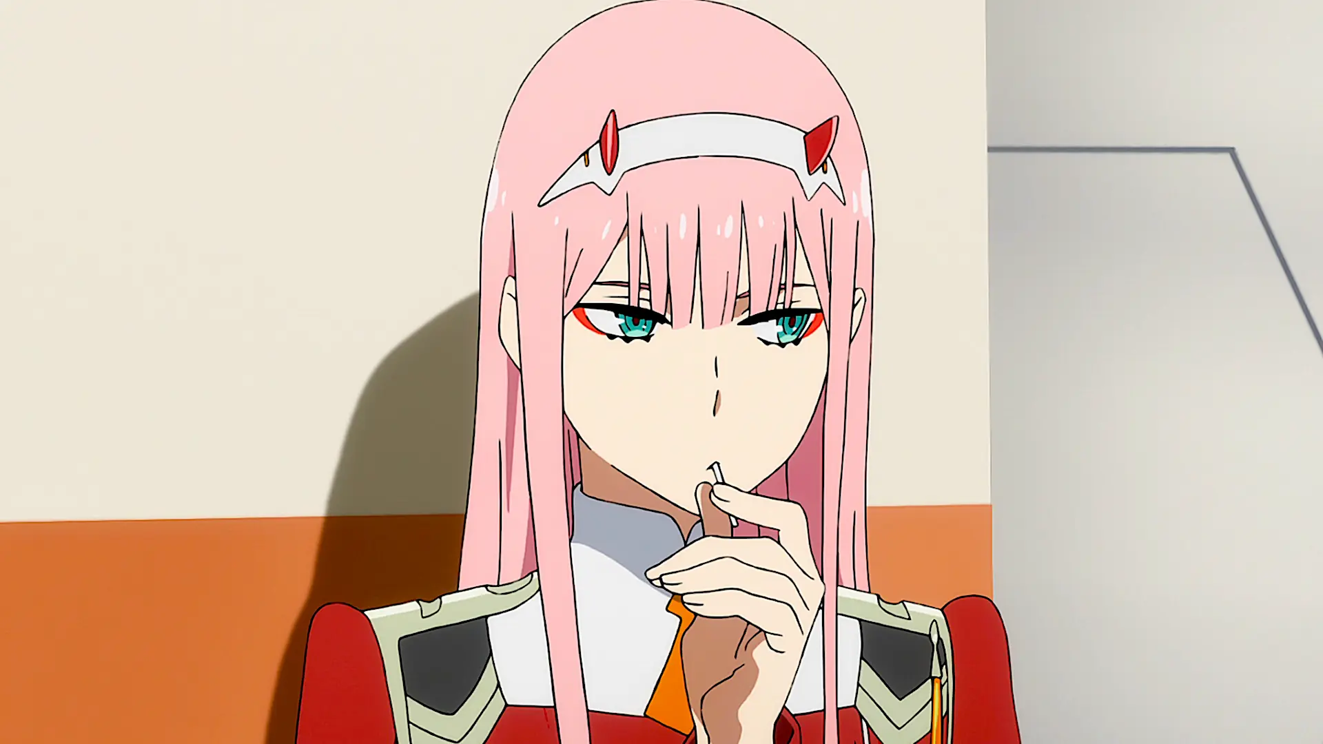 Zero Two drinking in Darling in the Franxx.