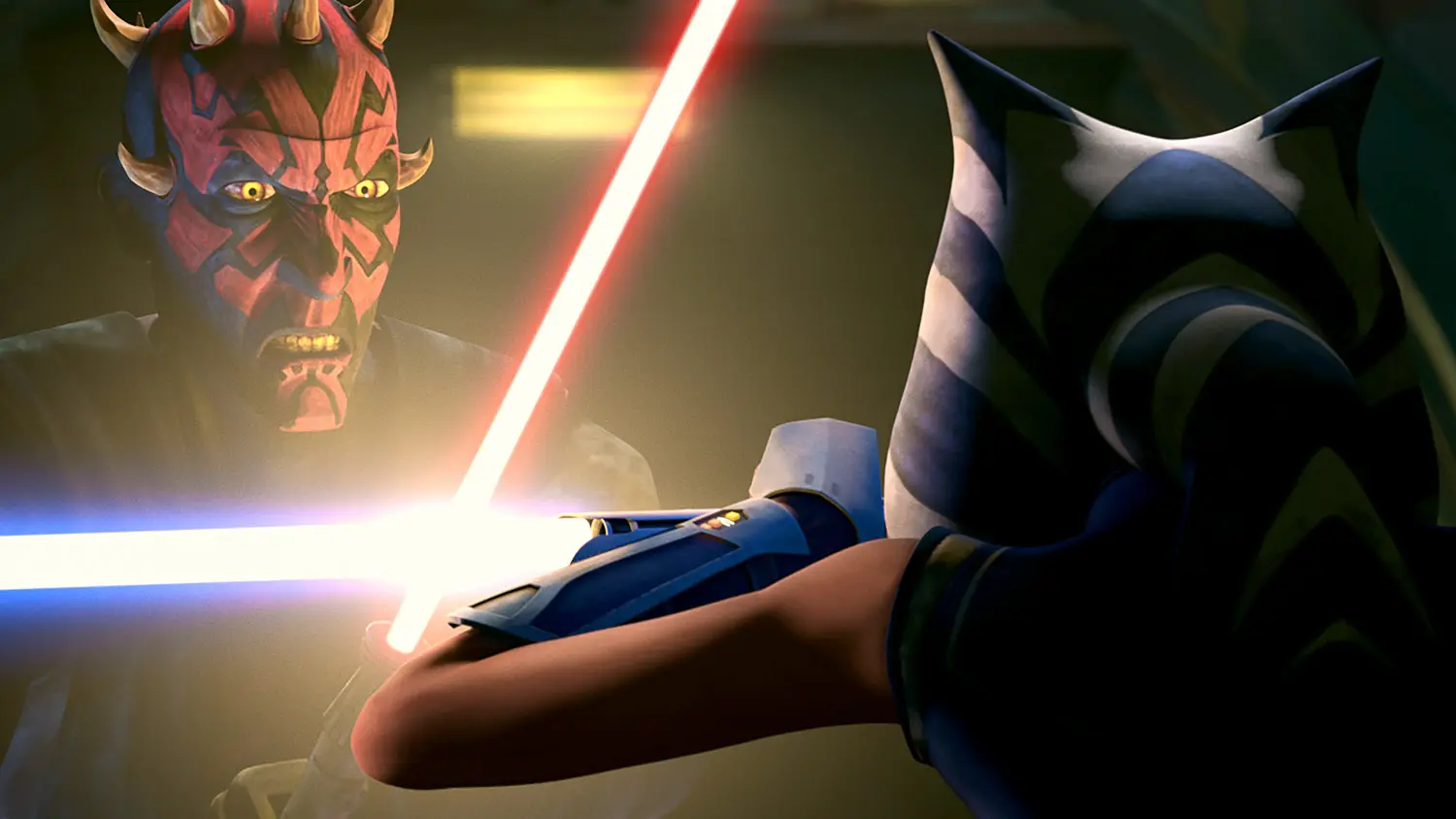 Darth Maul and Ahsoka Tano cross lightsabers.