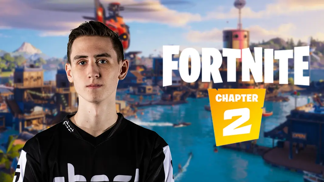 Bizzle and Fortnite Chapter 2 logo on Fortnite Season 3 background