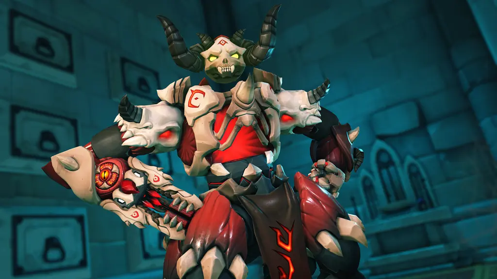 Orisa posing in demon Overwatch skin