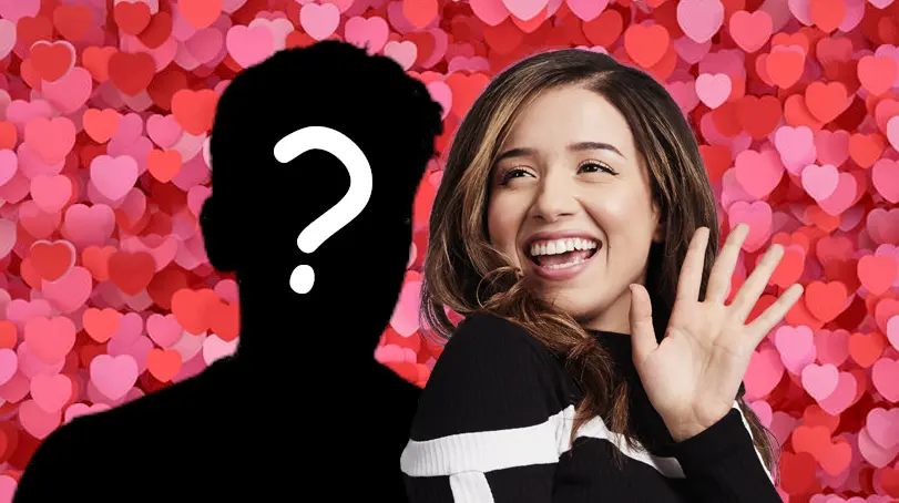 Pokimane smiles next to the silhouette of a man.