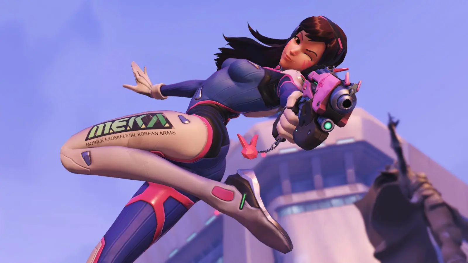 Dva poses as her mech explodes