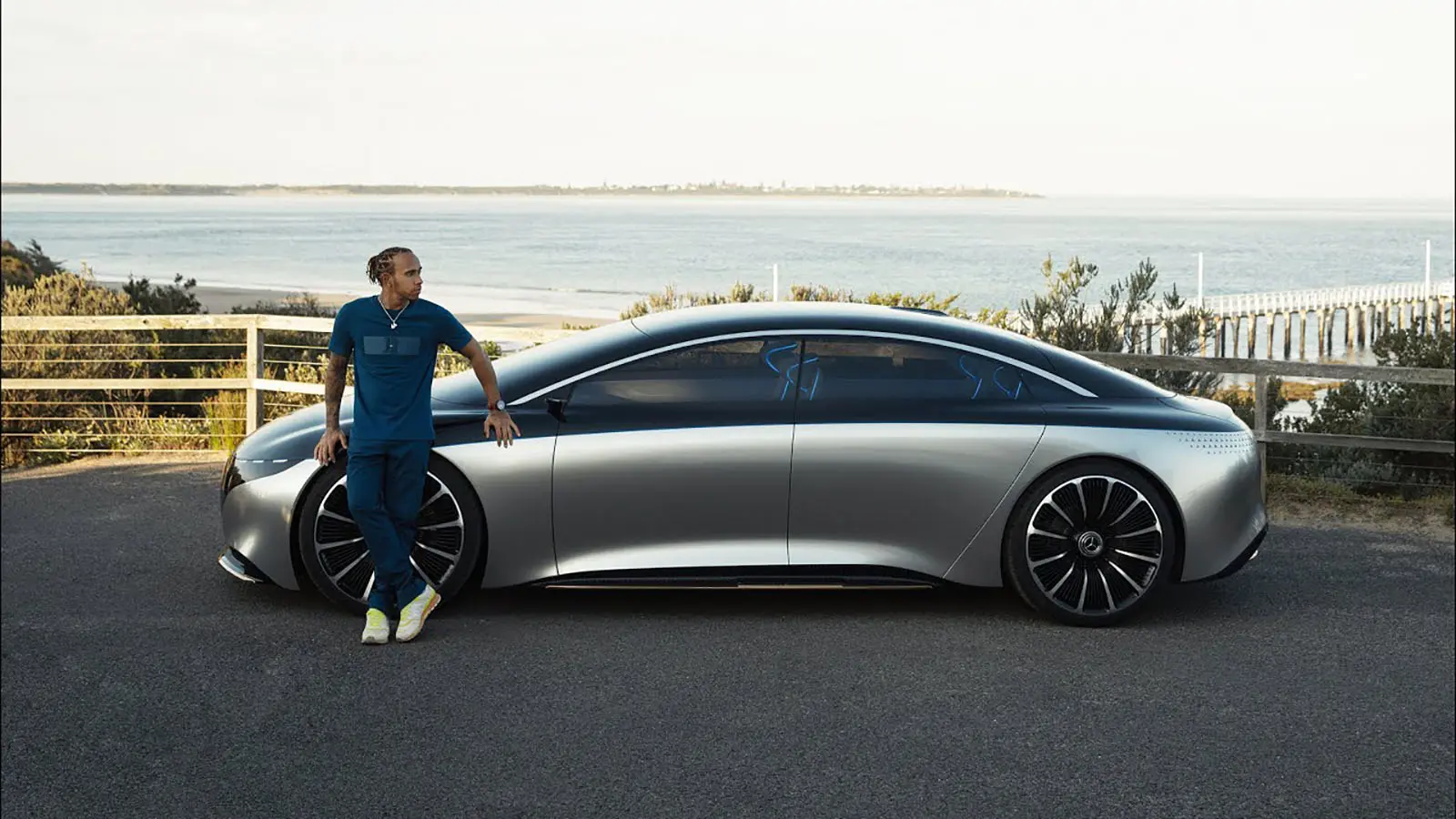 Lewis Hamilton with Mercedes Vision EQS