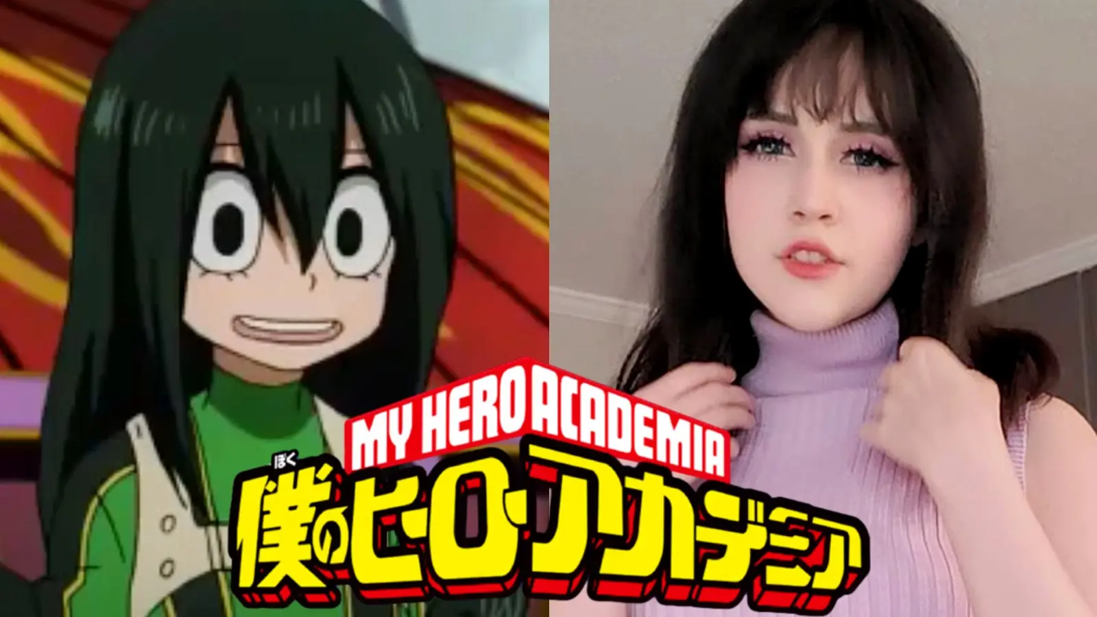 Image of My Hero Academia character Tsuyu next to cosplayer cat_bat_cosplay