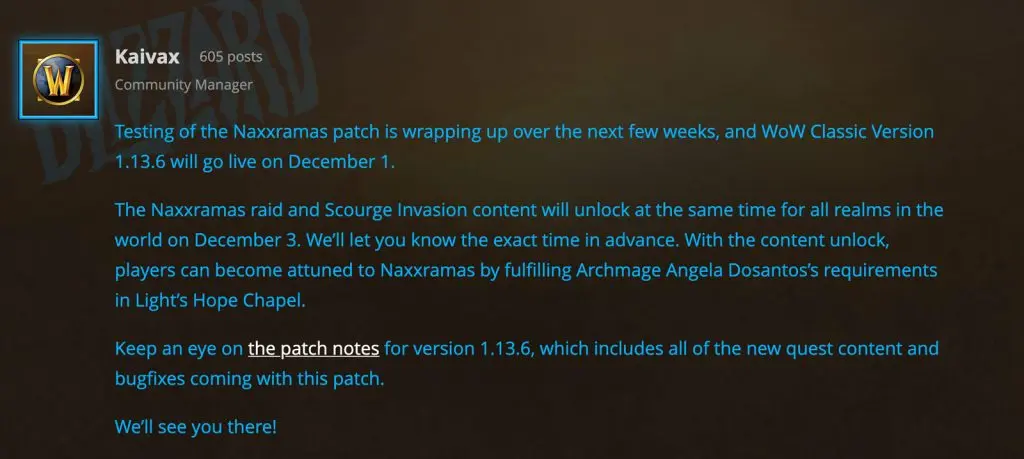 WoW Classic Naxxramas start date