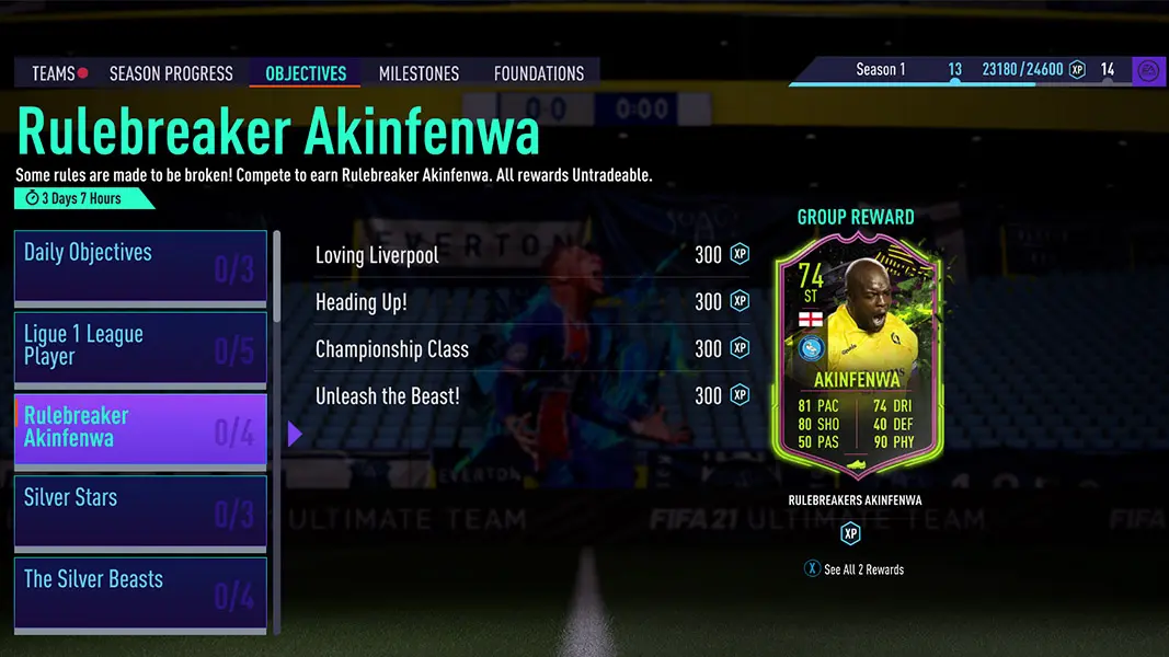 Screenshot of Akinfenwa's rulebreakers objectives in FIFA