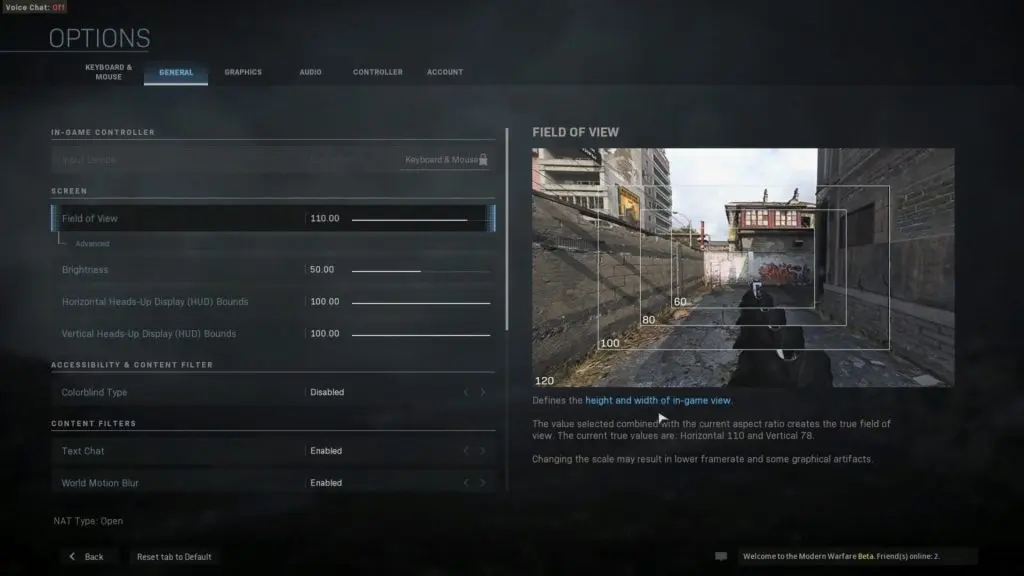 Modern Warfare settings screen