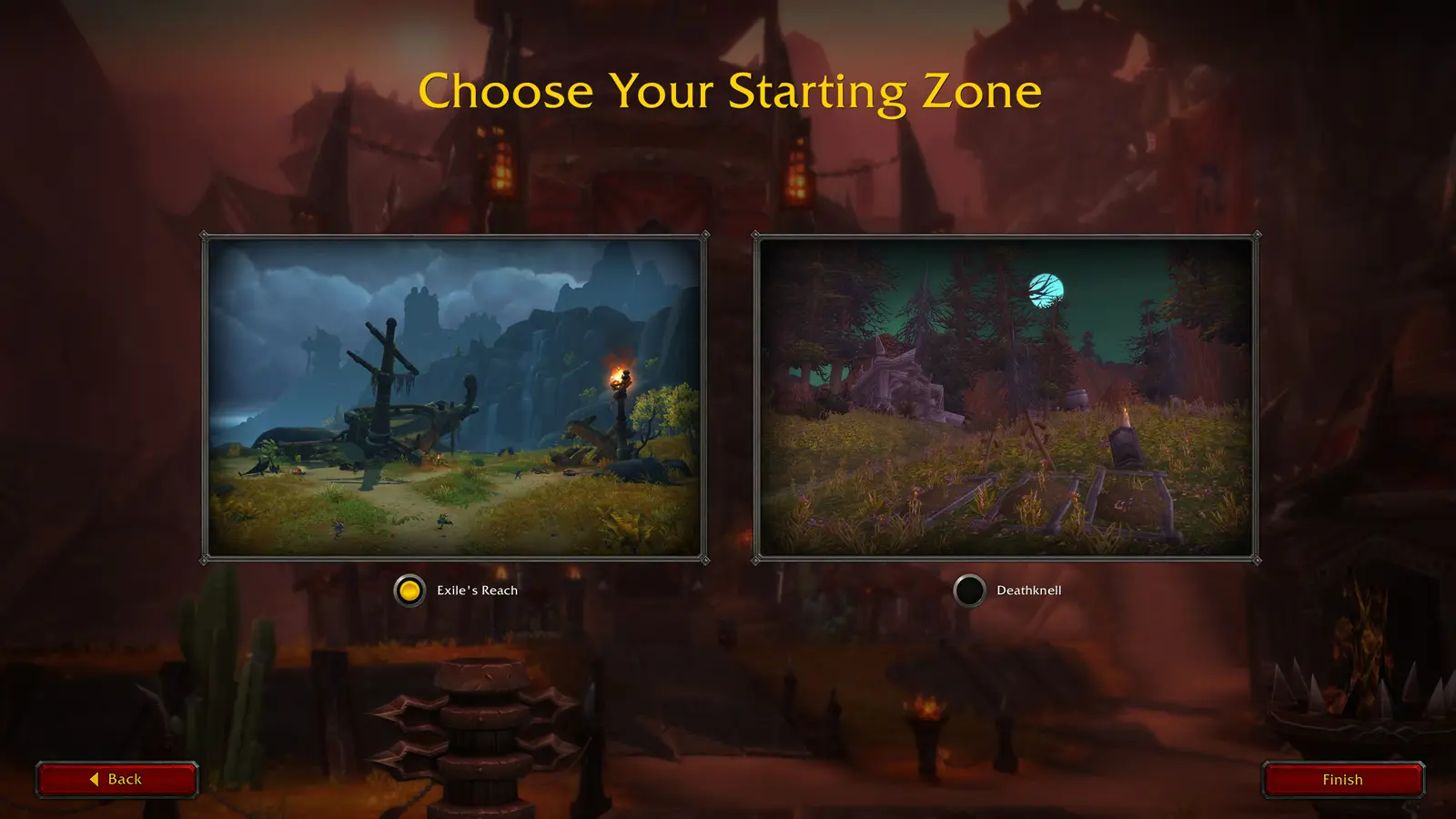 An image of the starting zone selection screen for Shadowlands.