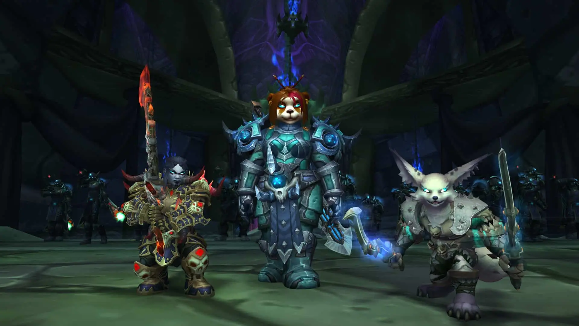 Death Knights standing together in a dark, stone room with their weapons and armor